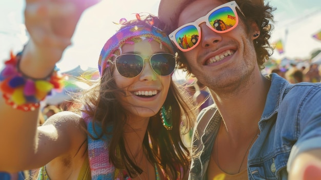 A vibrant selfie of two friends enjoying a sunny outdoor festival wearing colorful accessories and wide smiles capturing the essence of joy and friendship