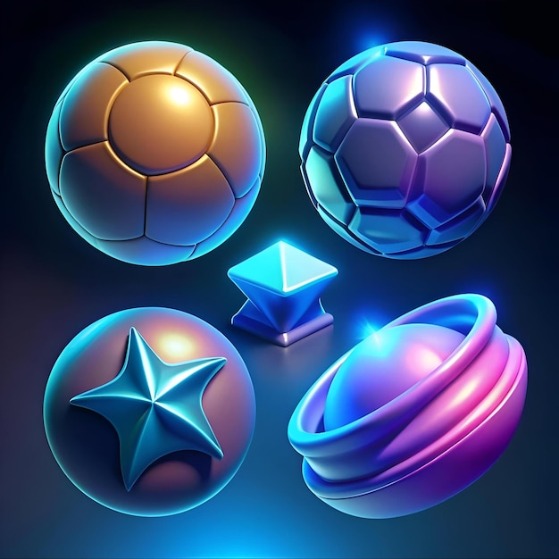 Photo a vibrant set of 3d icons featuring a soccer ball a star a pyramid and a ring all rendered in a glossy futuristic style with neon highlights