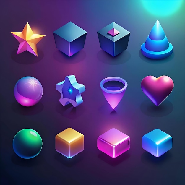 A vibrant set of 3D icons in a neon gradient style perfect for adding a futuristic touch to your projects