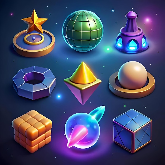 A vibrant set of 9 unique 3D icons perfect for game design mobile apps or web interfaces