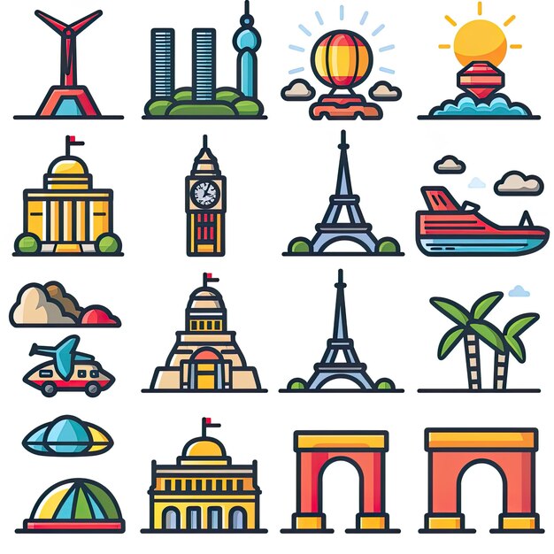 Photo a vibrant set of icons representing famous global landmarks and various modes of transportation