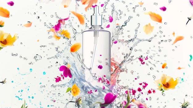 Photo vibrant shampoo bottles surrounded by dynamic splashes of water and paint with floral petals