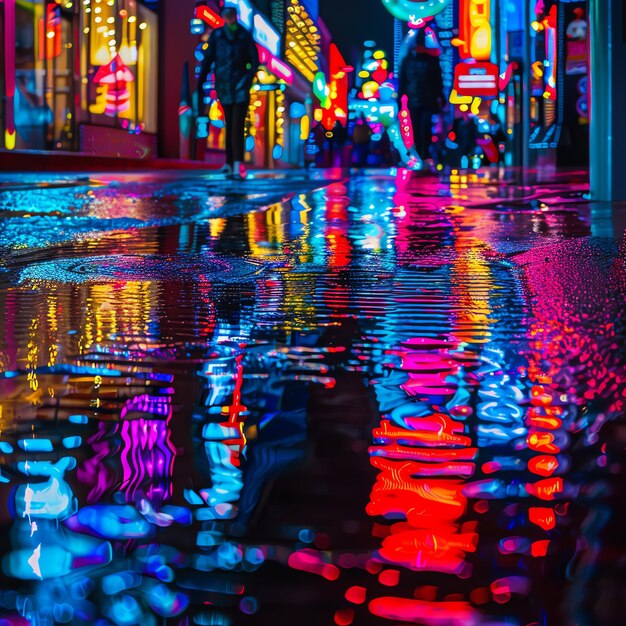 Photo a vibrant and sharp photo of a rainy night street scene with reflections