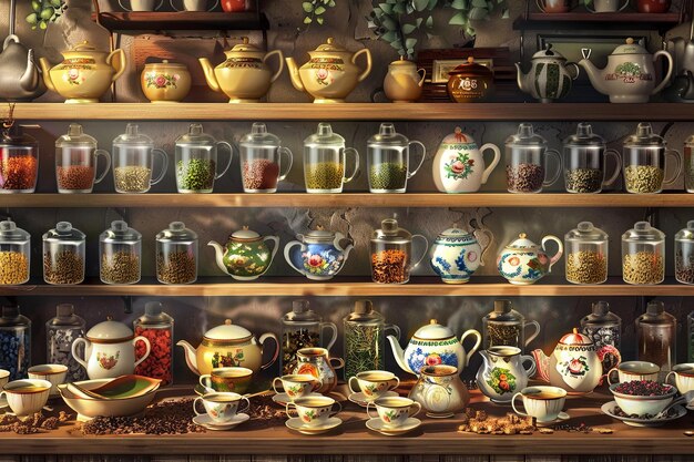 Photo a vibrant shelf adorned with a diverse collection of cups and saucers in various shapes sizes colors and designs offering a glimpse into the world of tea connoisseurs and collectors generative ai