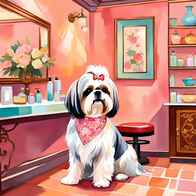 Photo vibrant shih tzu dog at the beauty salon