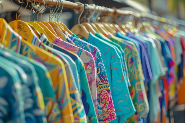 Vibrant shirts on street market rack with abstract blurred background