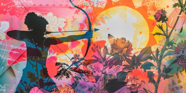 Vibrant Silhouette of Archer in Abstract Floral Landscape