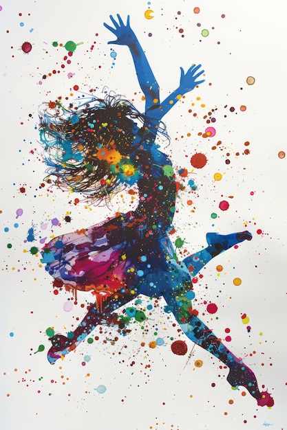 Vibrant silhouette of a dancer exploding with colorful paint splashes against a white background symbolizing freedom and creativity