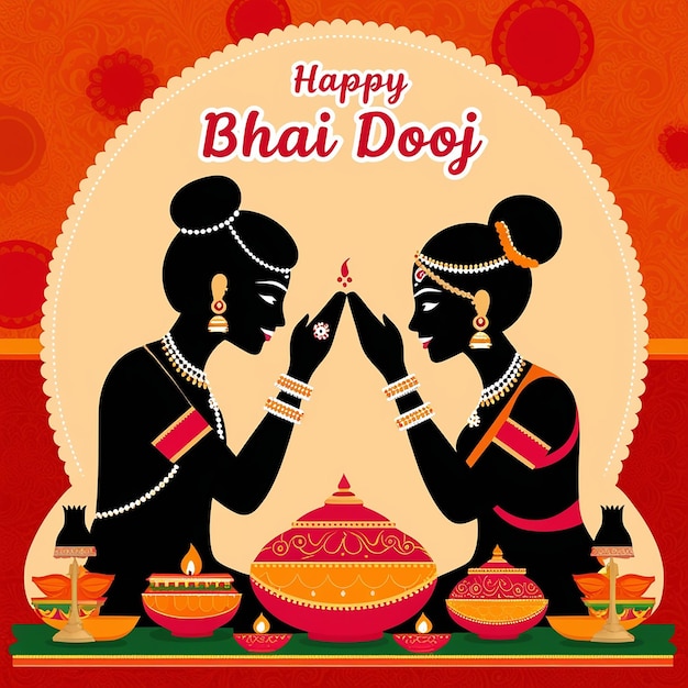 Vibrant Silhouette Illustration of Ritual for Happy Bhai Dooj Celebration