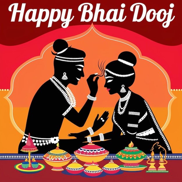 Vibrant Silhouette Illustration of Ritual for Happy Bhai Dooj Celebration