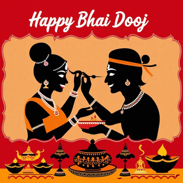 Vibrant Silhouette Illustration of Ritual for Happy Bhai Dooj Celebration