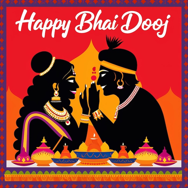 Vibrant Silhouette Illustration of Ritual for Happy Bhai Dooj Celebration