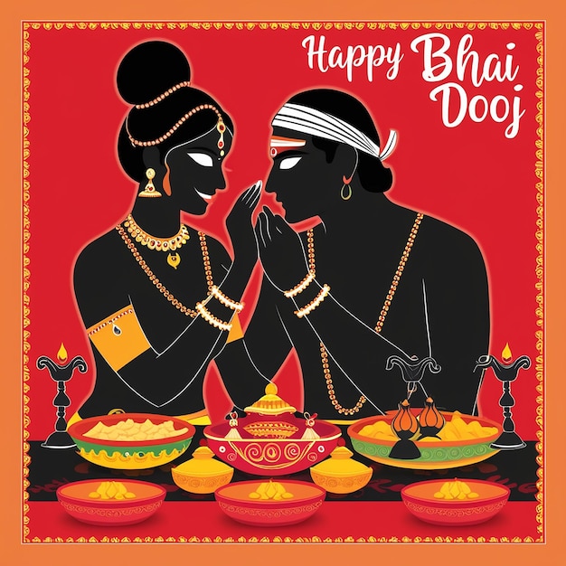 Vibrant Silhouette Illustration of Ritual for Happy Bhai Dooj Celebration