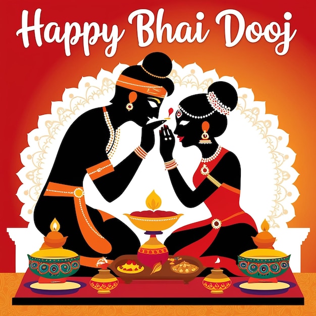 Vibrant Silhouette Illustration of Ritual for Happy Bhai Dooj Celebration