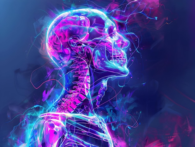 Vibrant Skeletal X Ray with Pulsing Circulatory System and Glowing Neon Skin in Bold Digital