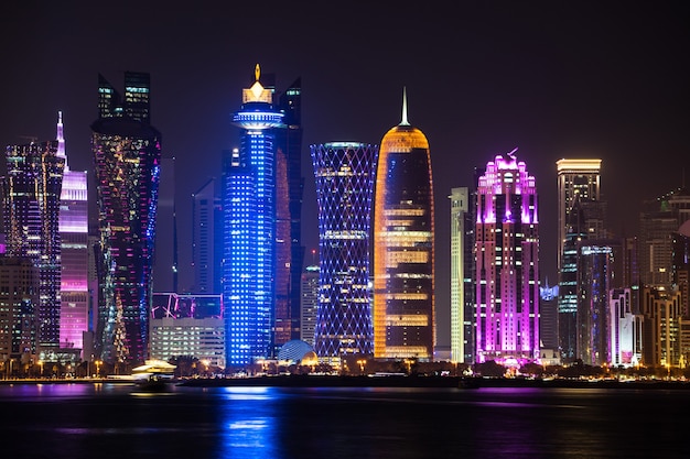 Vibrant Skyline of Doha at Night as seen from the opposite side of the capital city bay at night.