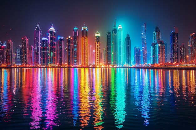 Photo vibrant skyline of dubai at night