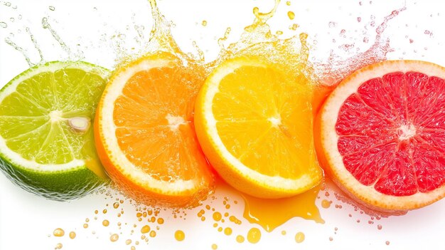 Photo vibrant slices of grapefruit lemon and orange splashing into clear water creating a fresh and zesty