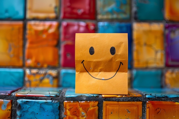 Photo vibrant smiley face on postit note against colorful tile background for positive art and design