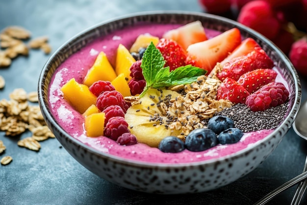 A vibrant smoothie bowl topped with fresh fruits granola and mint leaves perfect for a healthy breakfast or snack