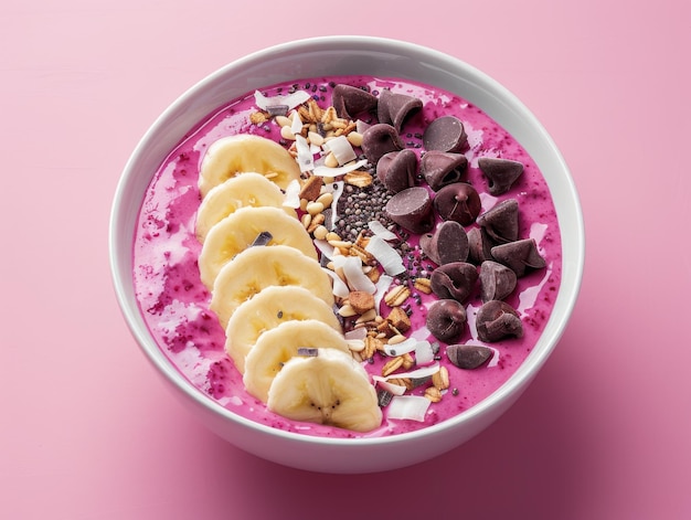 Vibrant Smoothie Bowl with Banana Slices Chocolate Chips and Granola on Pink Background