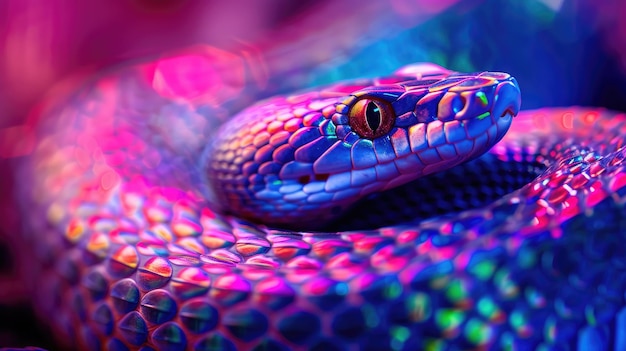 Vibrant snake in neon colors coiled with intense gaze