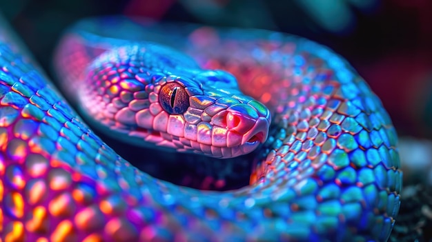 Vibrant snake with colorful scales in closeup view forming curl