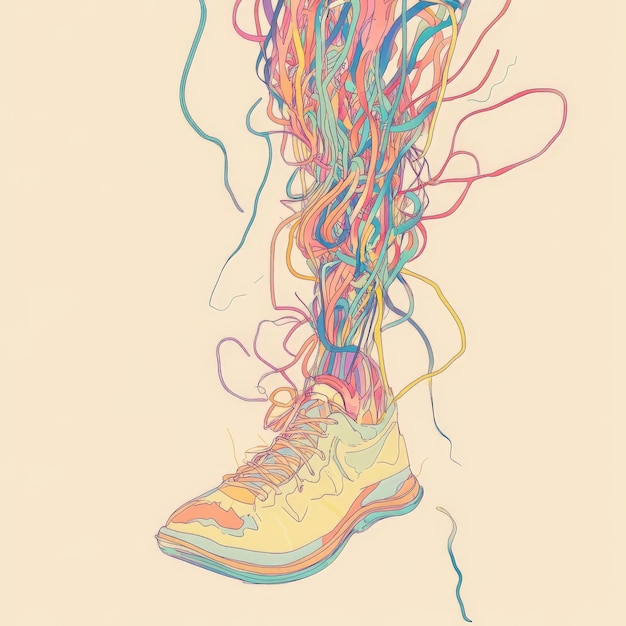 Photo a vibrant sneaker is depicted with colorful swirling threads emerging from it symbolizing dynamic movement and artistic expression inspiring creativity and motion