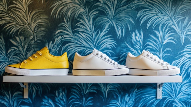 Vibrant Sneakers Against a Tropical Leaf Backdrop