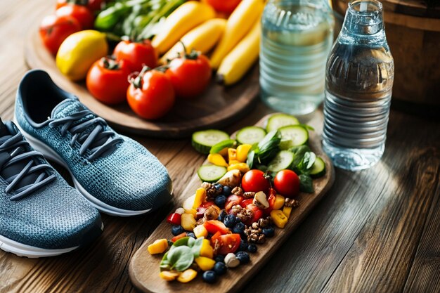 Photo vibrant sneakers placed next to fresh healthy food and a water bottle for an active lifestyle