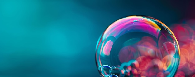 Photo vibrant soap bubble closeup with full spectrum rainbow reflection on dark background