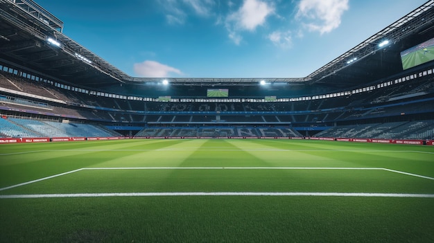 Vibrant Soccer Stadium with Lush Green Field and Bright Blue Sky