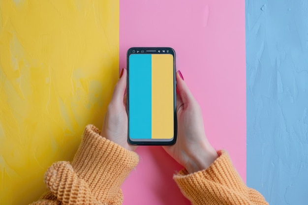 A vibrant social media content mockup showing a colorful image on a smartphone held by a person idea