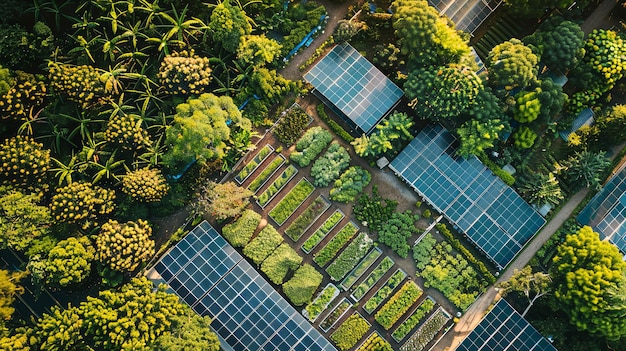 Vibrant Solar Panels and Green Crops in a Metropolitan Agricultural Concept