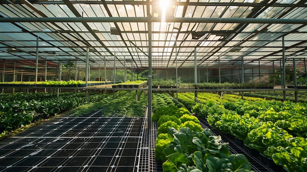 Photo vibrant solar panels and green crops in a metropolitan agricultural concept