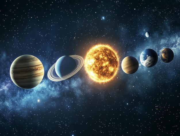 Photo vibrant solar system illustration featuring nine planets orbiting the sun in deep space exploration