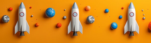 Photo vibrant space adventure with rocket ships and planets on bright orange background ideal for kids