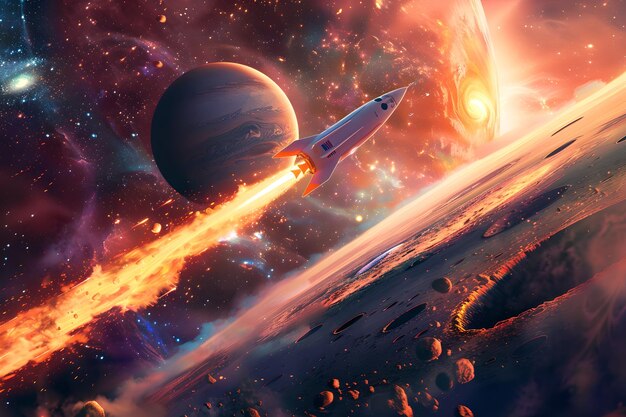 Vibrant Space Scene with a Futuristic Spaceship and Cosmic Atmosphere Artistic Rendering of Interstellar Travel Vivid Imaginary Galaxy Exploration SciFi Art Generative AI