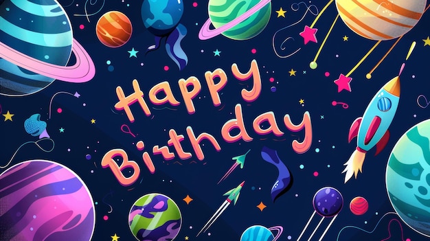 Photo vibrant spacethemed happy birthday background with planets stars and rockets ideal for cards and posters