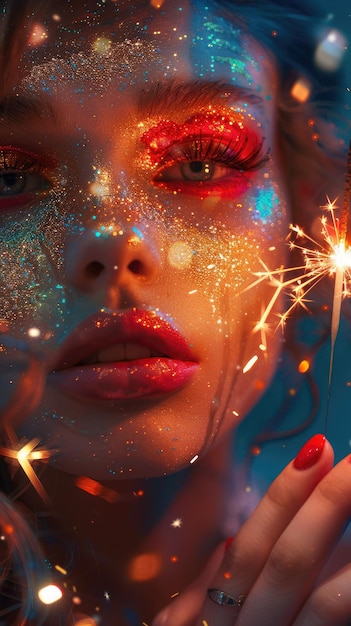 Vibrant Sparkler Portrait Glitter Makeup Red Lips Festive Lights Bokeh Background