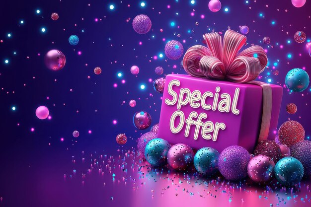 Photo vibrant special offer gift box with balloons on magical night sky background