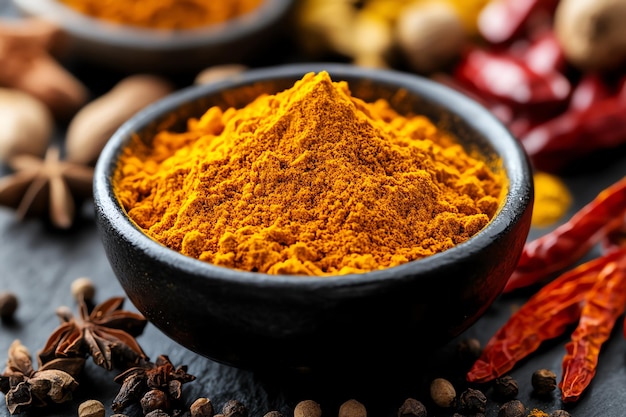 Vibrant Spice Blend in Black Bowl with Peppercorns and Dried Spices A Flavorful and Aromatic