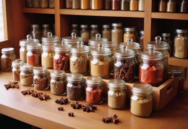 Photo vibrant spices in clear jars with soft ambient lighting