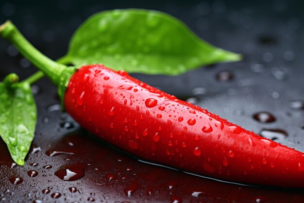 Vibrant and spicy red chili pepper with glistening water drops on elegant black background