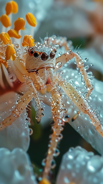 Vibrant Spider on a Flower with Drops of Water