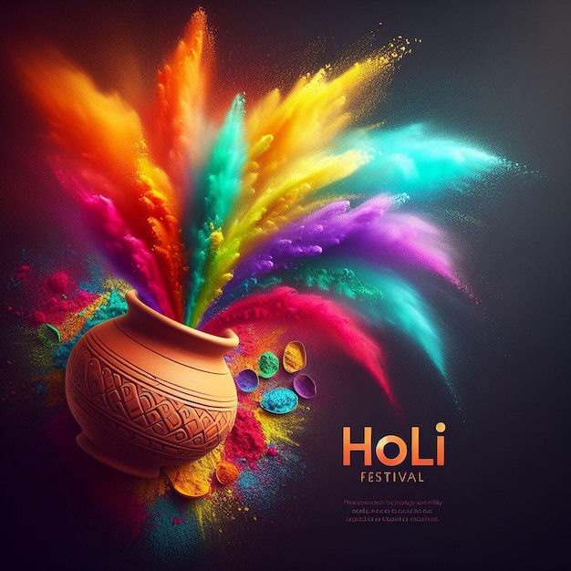 Vibrant spirit of Holi Festival with pot filled with colors Holi colors splashes colors explosion