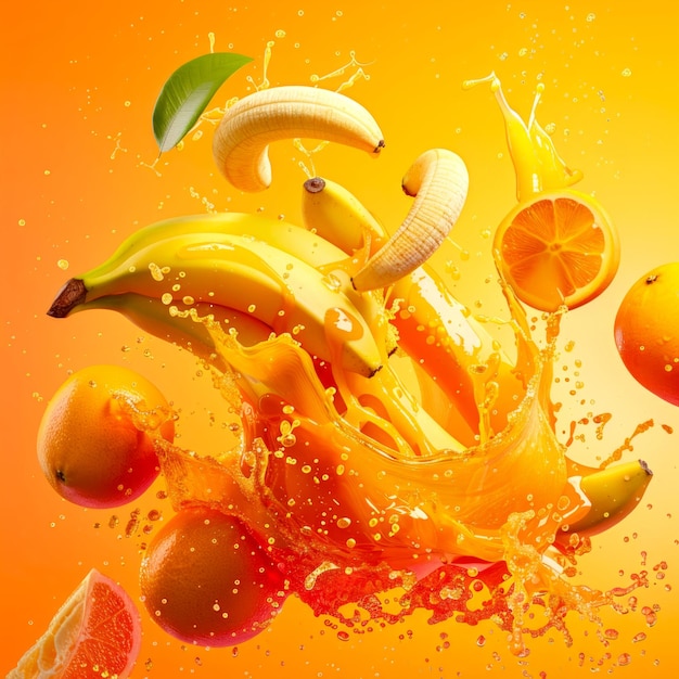 Vibrant splash of mixed fruits including bananas oranges and apples set against a bright orange background captured in a dynamic and lively style Perfect for food and beverage advertisements AI