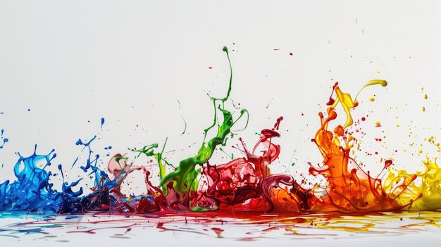 Vibrant splashes of multicolored paint on white background creating abstract pattern