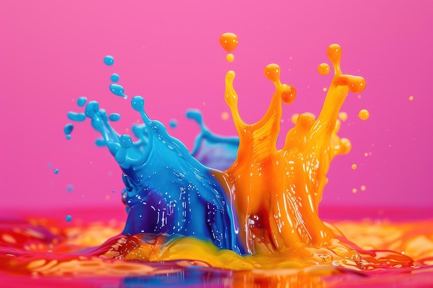 Photo vibrant splashes of paint dance in midair against a bold pink backdrop