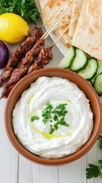 Photo a vibrant spread features greek chicken shawarma tzatziki olive salad with feta gyoza and a bright lemon beautifully arranged on a white counter